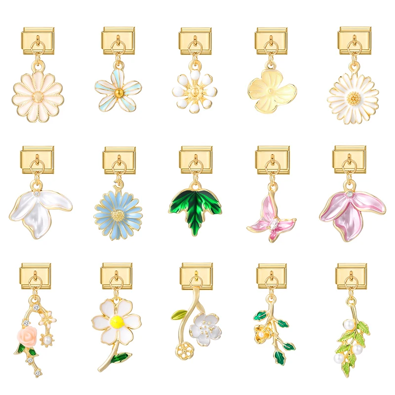 

New Gold Color Flowers Leaves Vintage Pendant Italian Charm Link Fit 9MM Stainless Steel Bracelet Men Women DIY Making Gifts