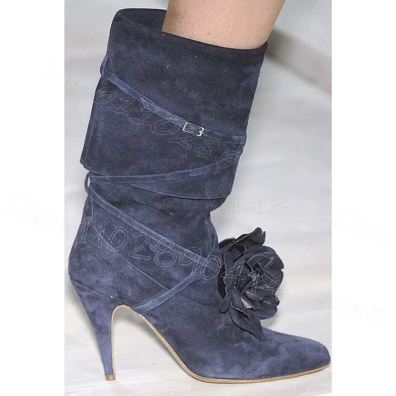 Błękitne aplikacje, dżinsowe botki z ostrym noskiem, wsuwane, damskie buty na cienkim wysokim obcasie, modne, na imprezę, bankiet, 2025, zapatos para mujer.