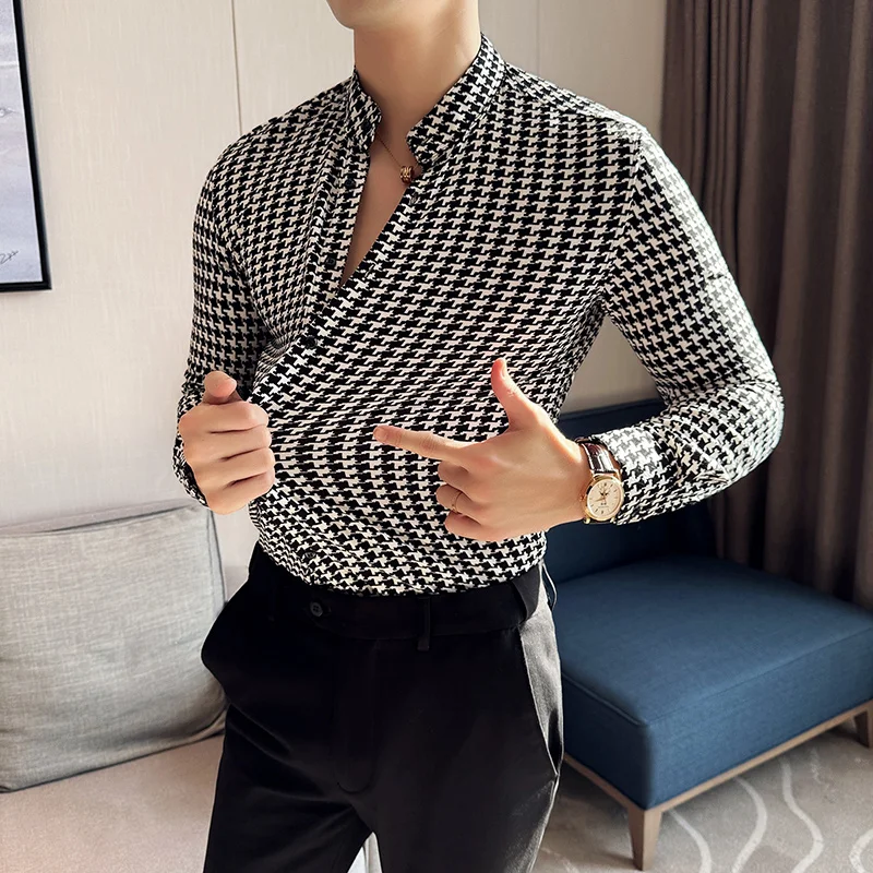 

Men's Social Shirts High Quality Korean Luxury Clothing Houndstooth Shirts For Men All Match Slim Fit Casual Stand Collar Tuxedo