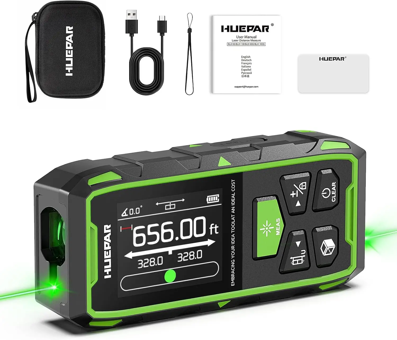 Dual Laser Measuring Tool, 656Ft Green-Beam Bilateral Digital Laser Distance Measure 6 Units Ft/in/M, Rechargeable Laser Measure