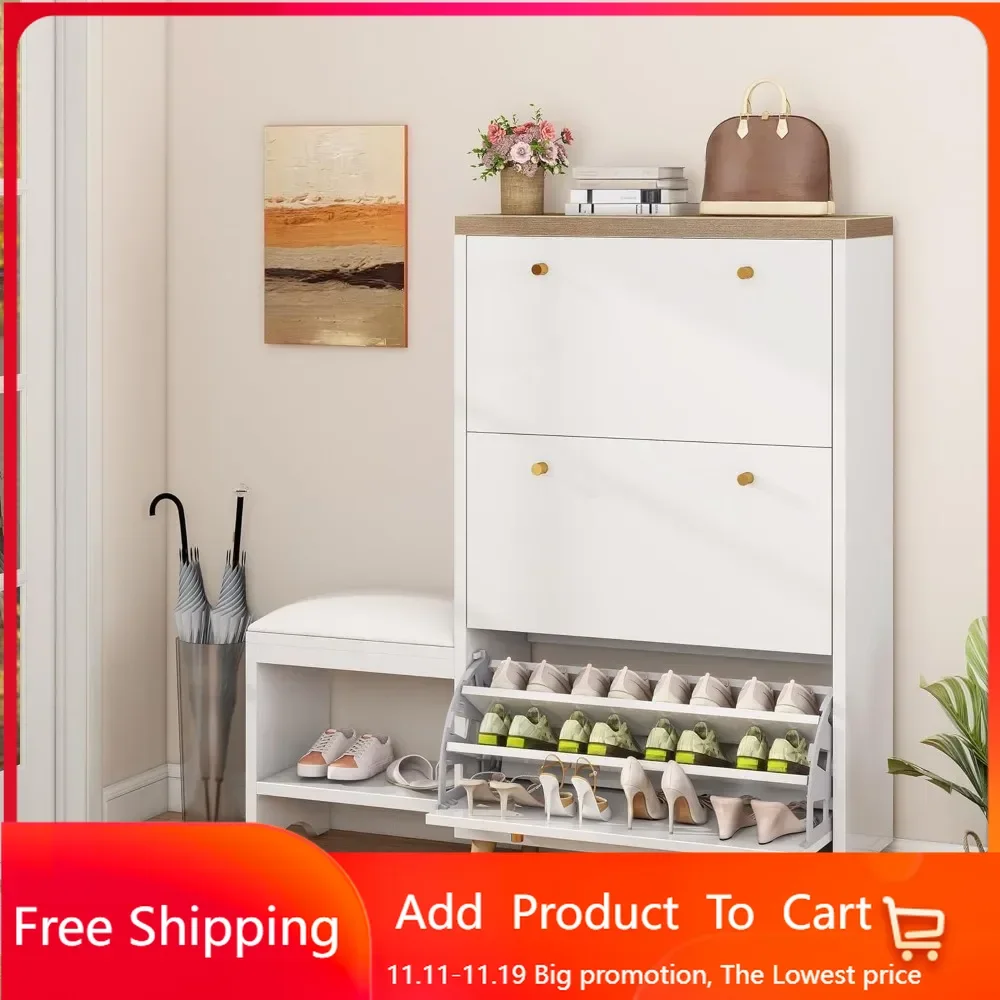 Shoe Cabinet with Bench for Entryway, Modern Storage Cabinet Shoe Bench, Narrow Hidden  Organizer with 3 Flip Drawer