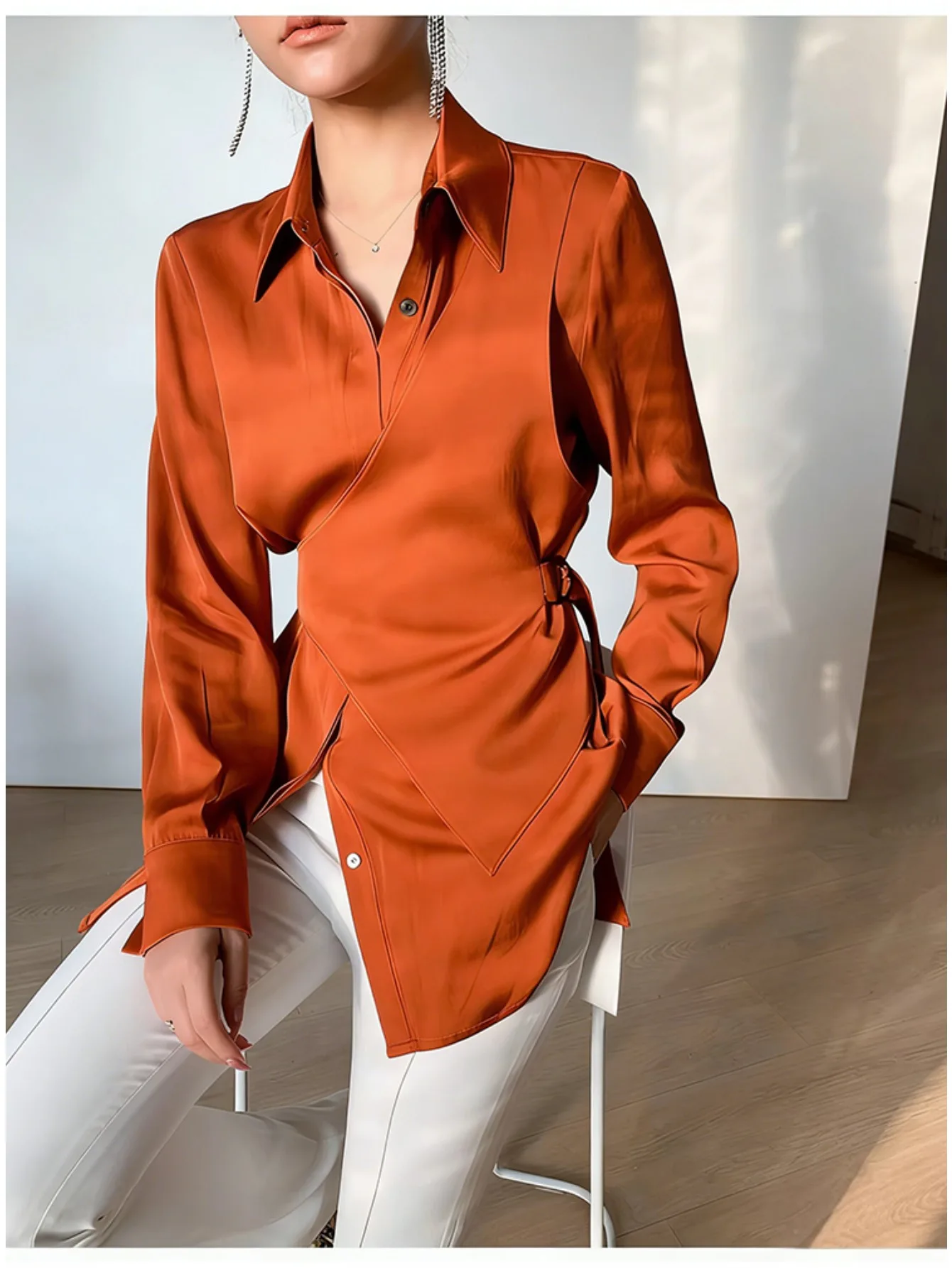 

Women Satin Wrap Waist Shirt Collar Long Sleeve Irregular Hem Slim Fit Elegant Office Blouse