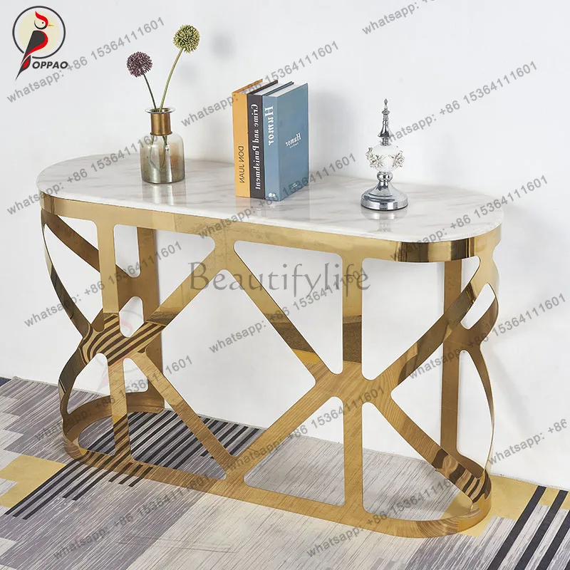

Minimalist metal base marble countertop long table American light luxury stainless steel porch