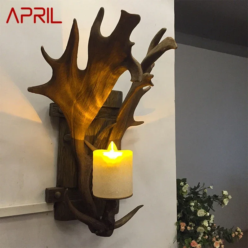 

APRIL American Antlers Wall Light Retro Creative Living Room Bedroom Corridor Villa Small Wooden House Decorative Light