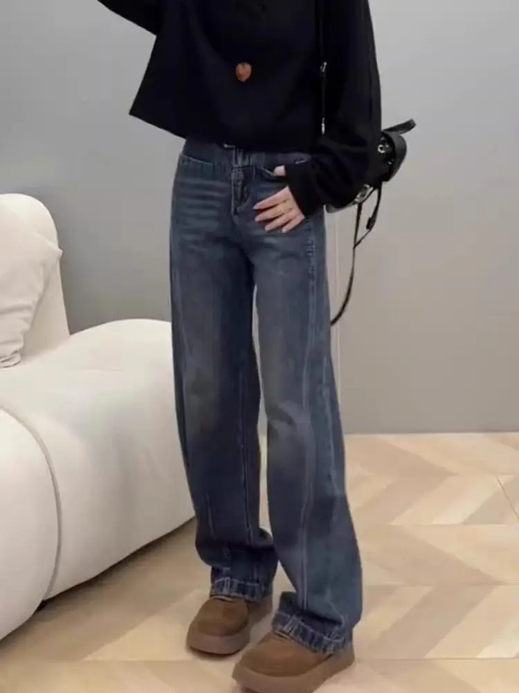 

Retro casual versatile straight leg jeans women's spring new high waisted narrow version slim curved knife wide leg pants