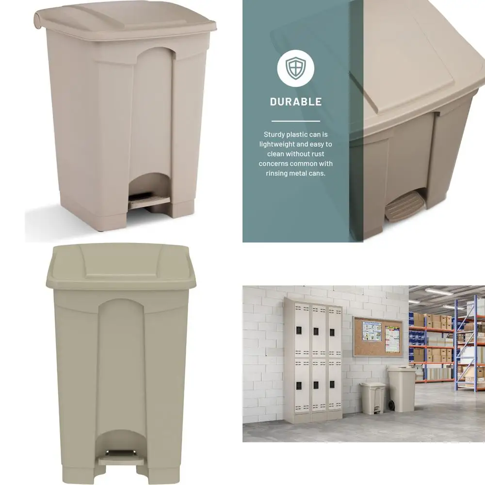 

hands-free 12 gallon step-on waste bin, tan color, ideal for home and business use