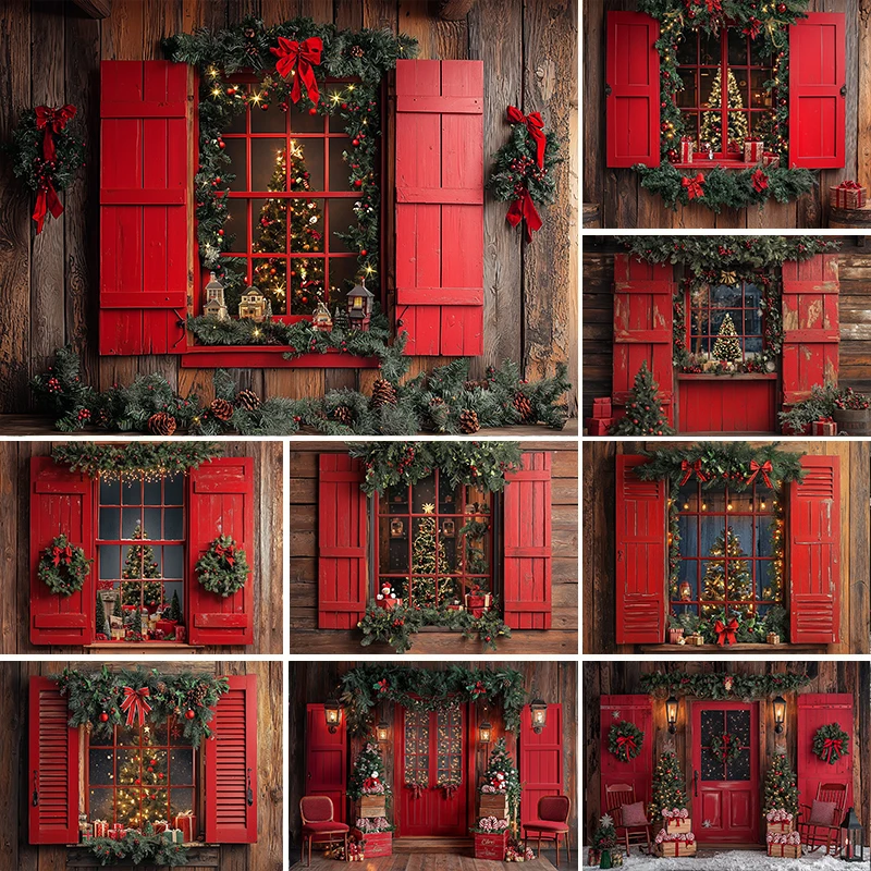 

LS Photography Background Red Christmas Tree Door Garland Window Decoration Backdrop Family Xmas Holiday Party Prom Studio