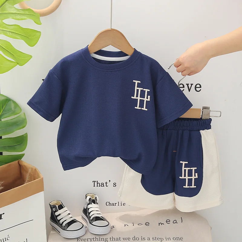 2024 New Designer Baby Boy 18 Months Old Summer Clothes for Kids Waffle Letter Short Sleeve T-shirts and Shorts Boys Outfits Set