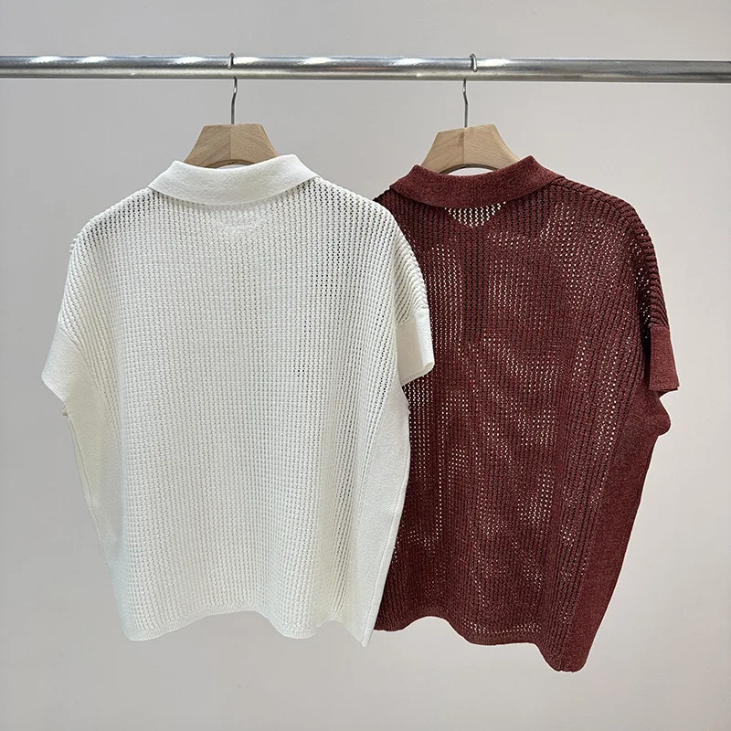 Women's Summer New Linen Hollow Knit Sweater With Collar Short Sleeved Polo Shirt