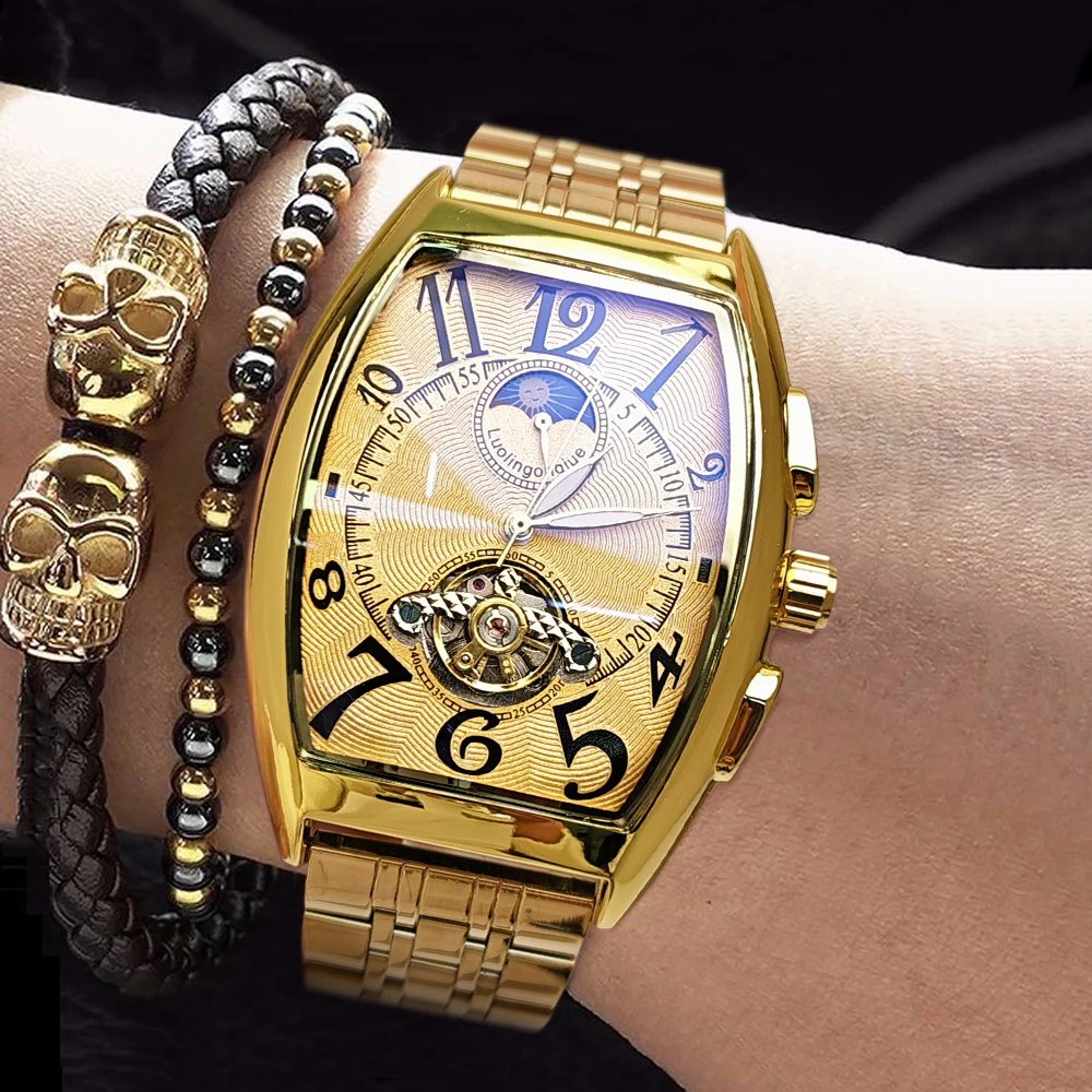 

New High-End Business Men's Mechanical Watch, Barrel-Shaped Dial, Automatic Winding, Skeleton Design, Butterfly Clasp Stainless Steel Strap, European and American Style, High-End Luxury, Fashionable, Casual, Simple, Versatile, Unique, Cool and Handsome Me