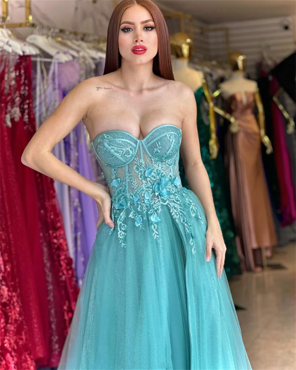 Annie 3D Applique Prom Dresses Sweetheart glitter tulle Evening Dresses A-shaped Women\'s Wedding Party Dress Vestidos De Noche