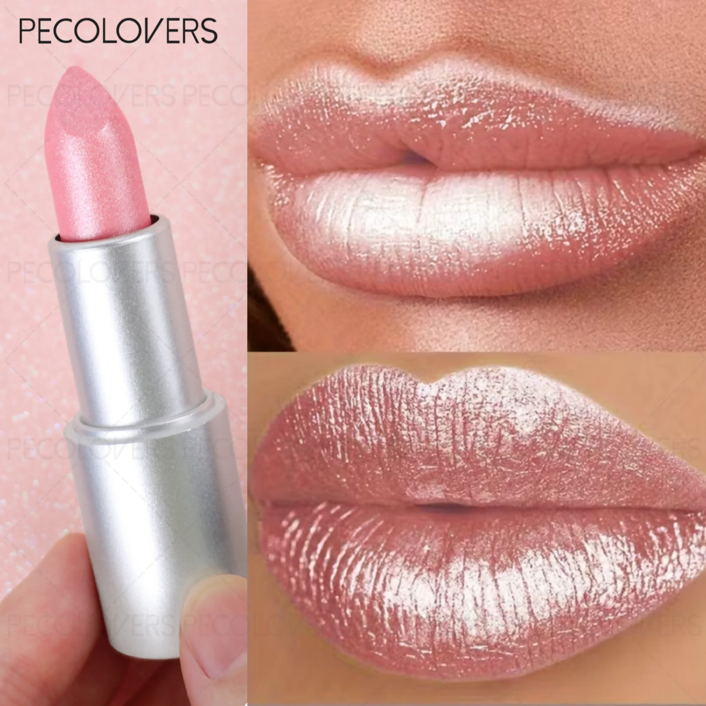 1 Pcs Mermaid Pearlescent Glitter Lipstick, Non-Drying Smooth, Mermaid & Bean Paste, Metallic Shimmer Champagne Gold Pink Nude