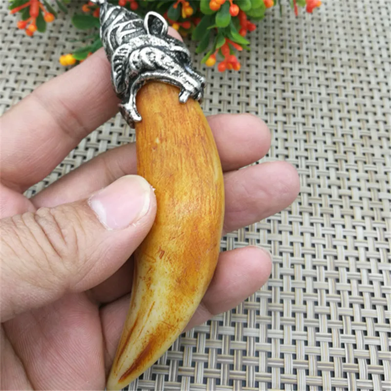 Chinese Antique Boars Tooth Wild Hog Silver Dragon Protective Talisman Statue