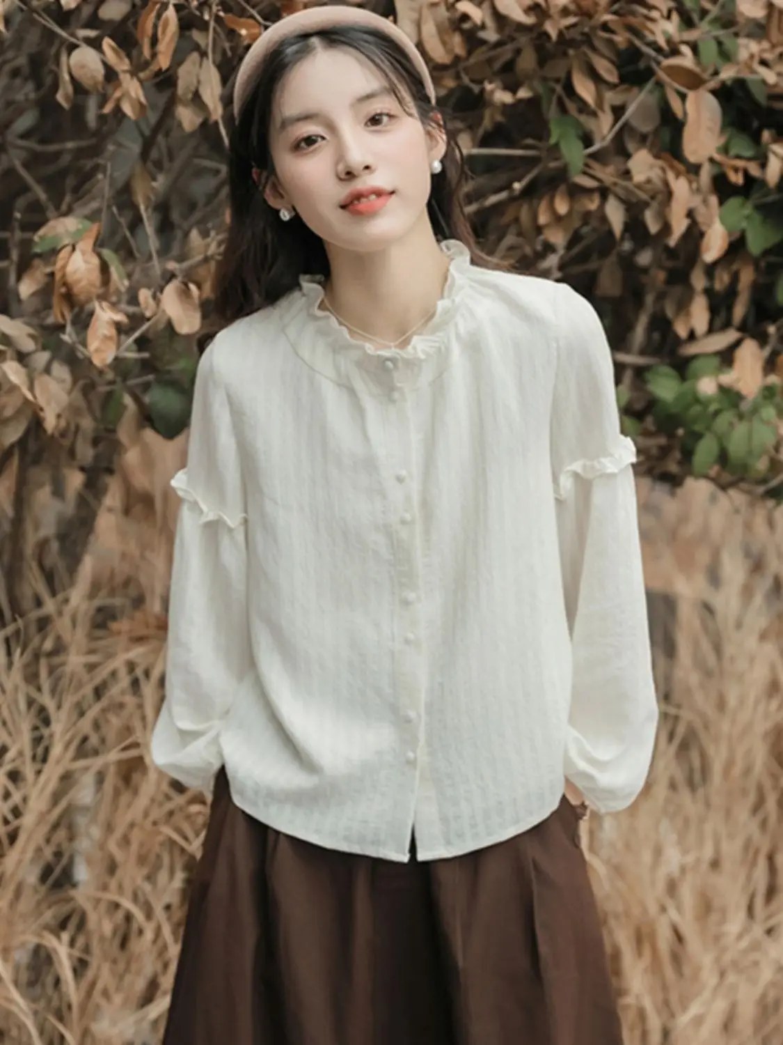 

Stand Collar Loose Fitting Shirt For Women In Spring And Autumn 2025, New Single Breasted Long Sleeved Top