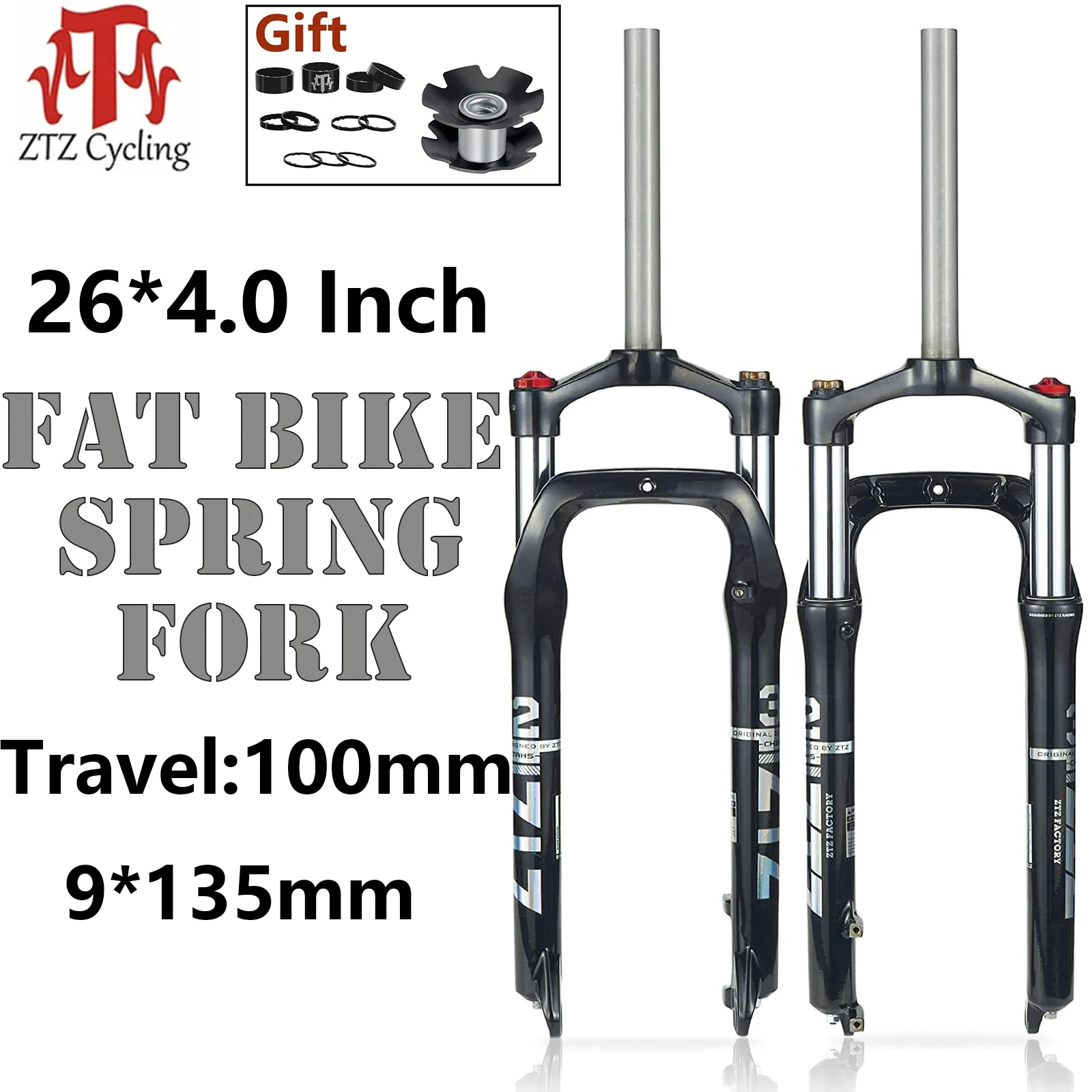 

ZTZ 26*4.0 inch Fat Tire MTB Suspension Fork 100mm Travel, 135mm Spacing Hub，9mm QR, Oil Spring Mountain Bike Front Fork