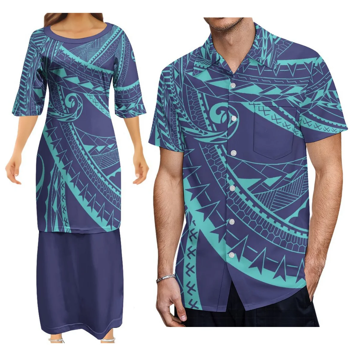 

Samoan Women'S Crew Neck Dress Puletasi Ethnic Dress With Men'S Aloha Shirt Polynesian Design Couple Suit