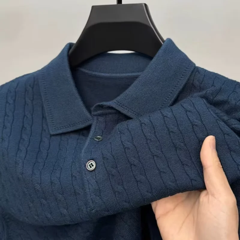 

High quality men's knitted sweater autumn winter fashionable flip collar jacquard boutique Korean style pullover sweater T-shirt
