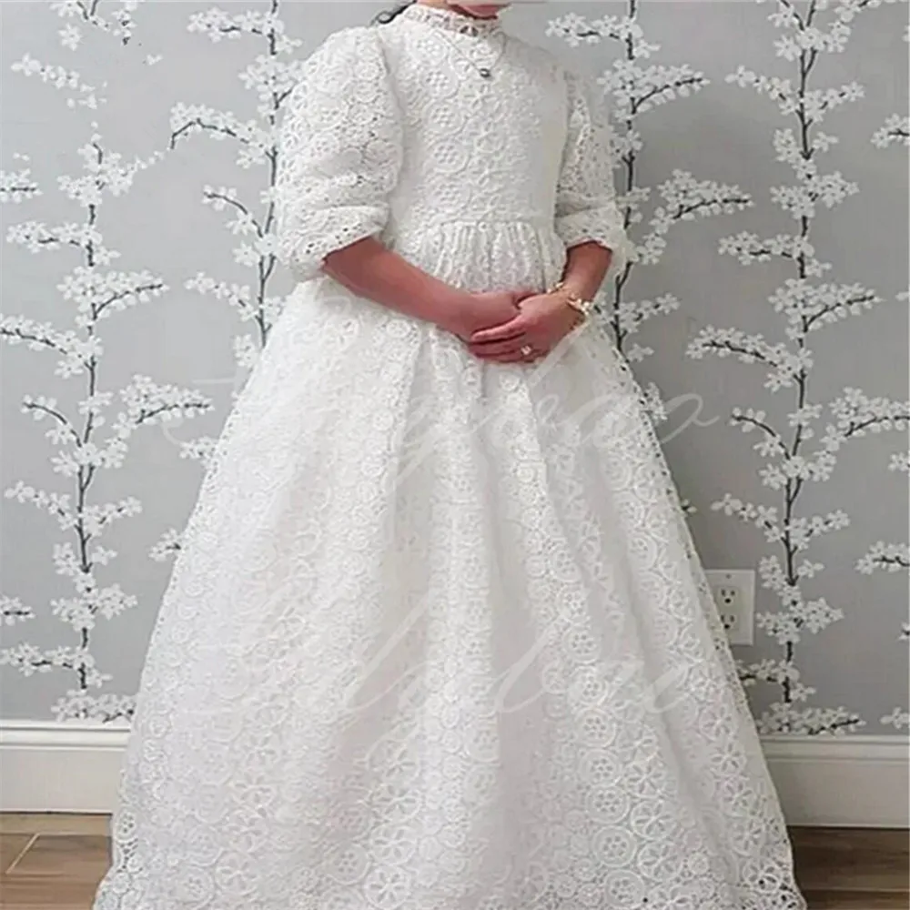 Balloon Sleeve Hollow Out Lace Flower Girl Dresses For Wedding Princess High Waist Toddler Pretty Pageant First Communion Gown