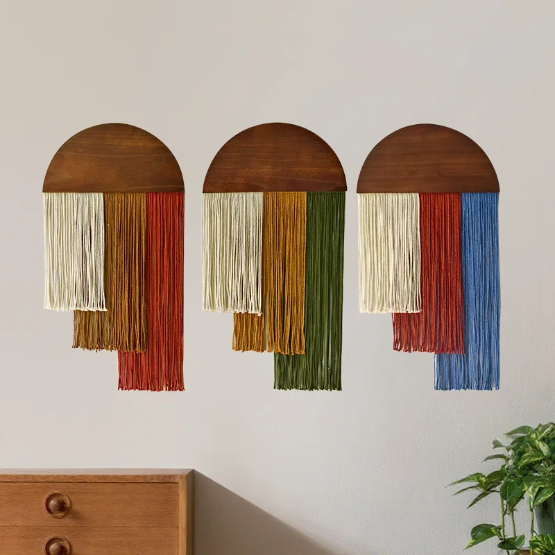 Nordic Wood Cotton Rope Tassel Tapestry Three-color Stepped Tassel Wall Decoration Living Room Photography Props Wall Hanging