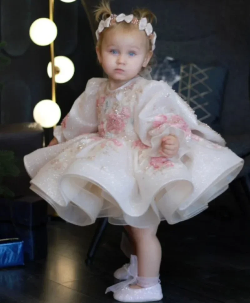 Abito tutù con scollo a O, abito in tulle con maniche lunghe a sbuffo e grande fiocco, personalizzato, scintillante, avorio, per neonato, primo compleanno