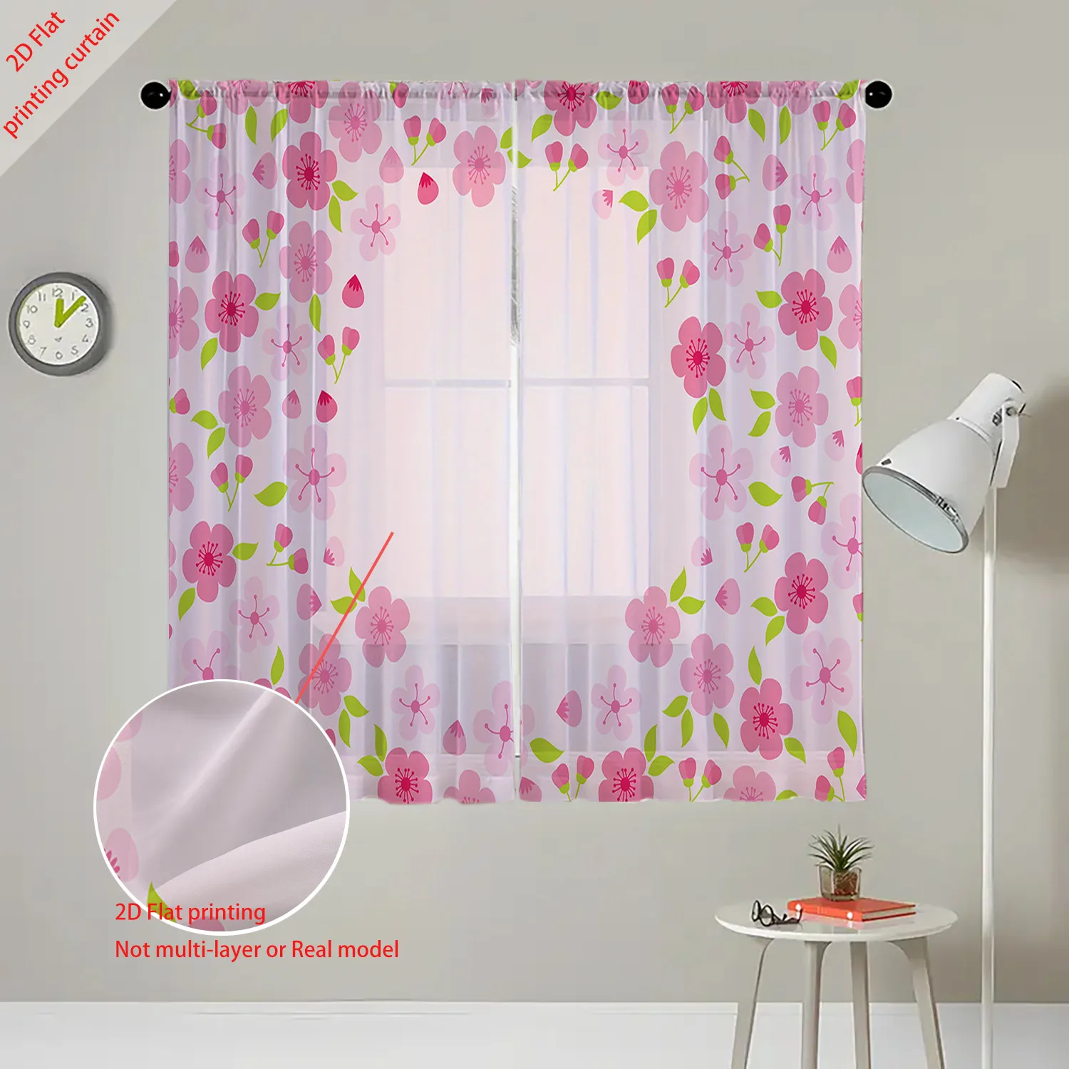 Pink Floral Pattern Printed Transparent Gauze Curtain for Bedroom Living Room Balcony Hippie Dreamy Home Art Decor