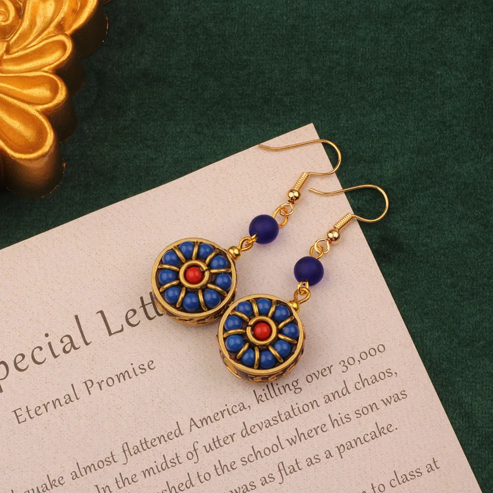 Simple Jewelry Handmade Design Ethnic Tibetan Vintage Nepal Inlaid Exotic Earrings