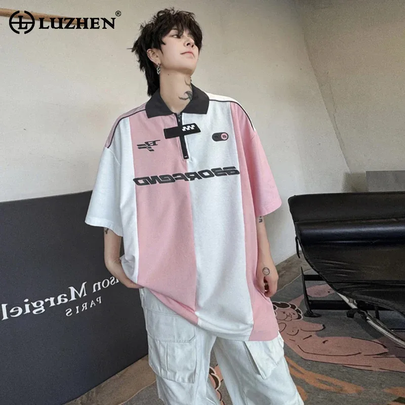 

LUZHEN Summer New Letter Color Contrast Design Short Sleeved Polo Neck T Shirt Fashion Casual Men's Tops Korean Clothes LZ4949