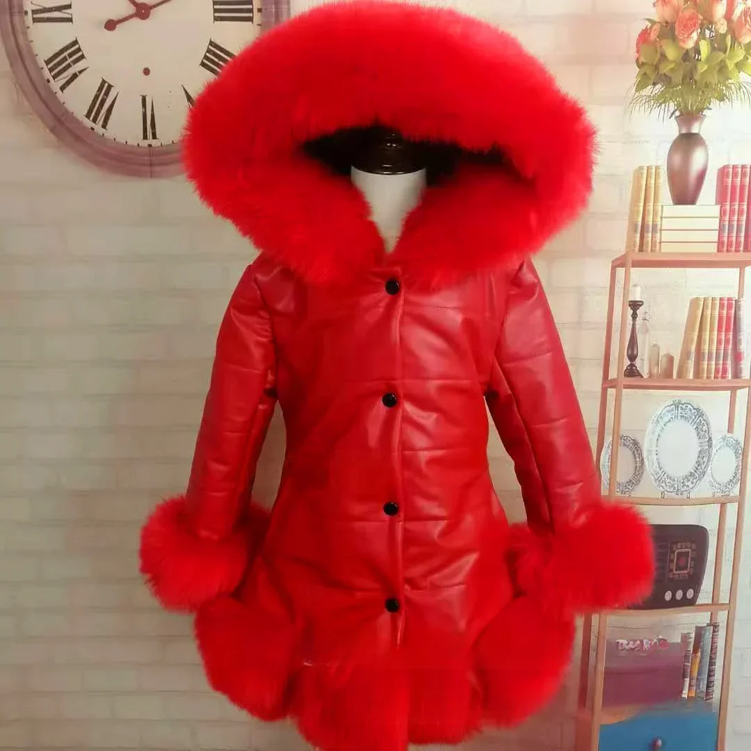 Girls Winter Thick Coat 2024 New Korean Children Clothing Children PU Leather Fur Medium Length Hooded Cotton Coat