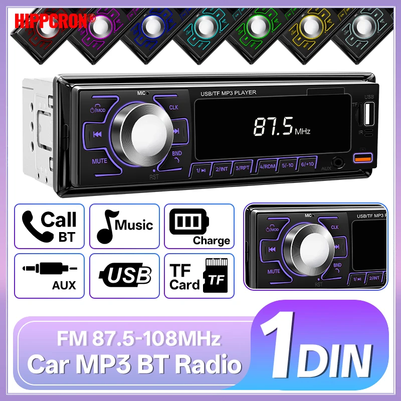 Hippcron-reproductor estéreo de Radio para coche, reproductor MP3 Digital con Bluetooth, Audio FM, música estéreo, USB/TF con entrada auxiliar, luces coloridas