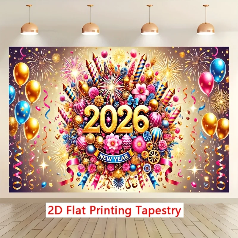 2026 New Year Tapestry -Vibrant Balloons Flowers, and Confetti for Festive Celebration Perfect for Home Decor and Party Backdrop