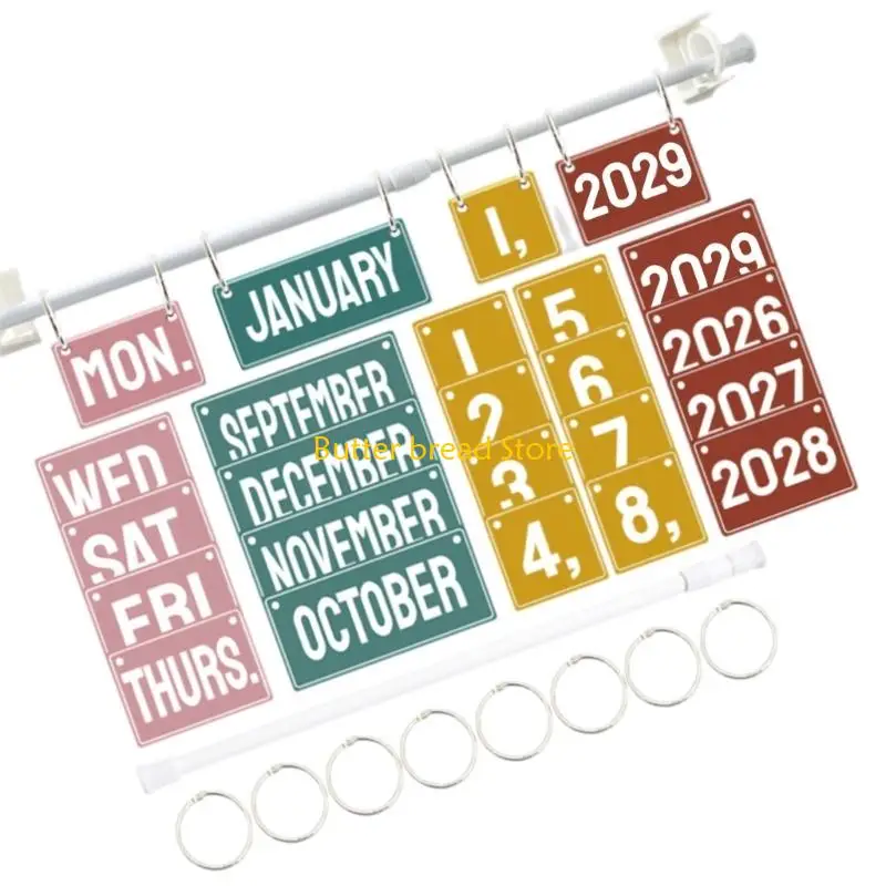 W89C Flipping Calendar Set Includes Telescoping Holder Rod 54 Date Card Adjustable Binder Rings For Classroom Home Decoration