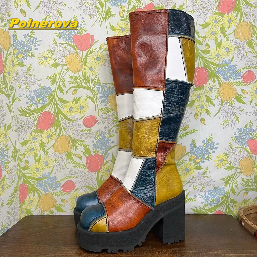 Women Retro Patchwork Leather Knee High Boots Color Block Chunky Platform Block Heel Vintage Y2K Streetwear Fashion Shoes 2026 view 6