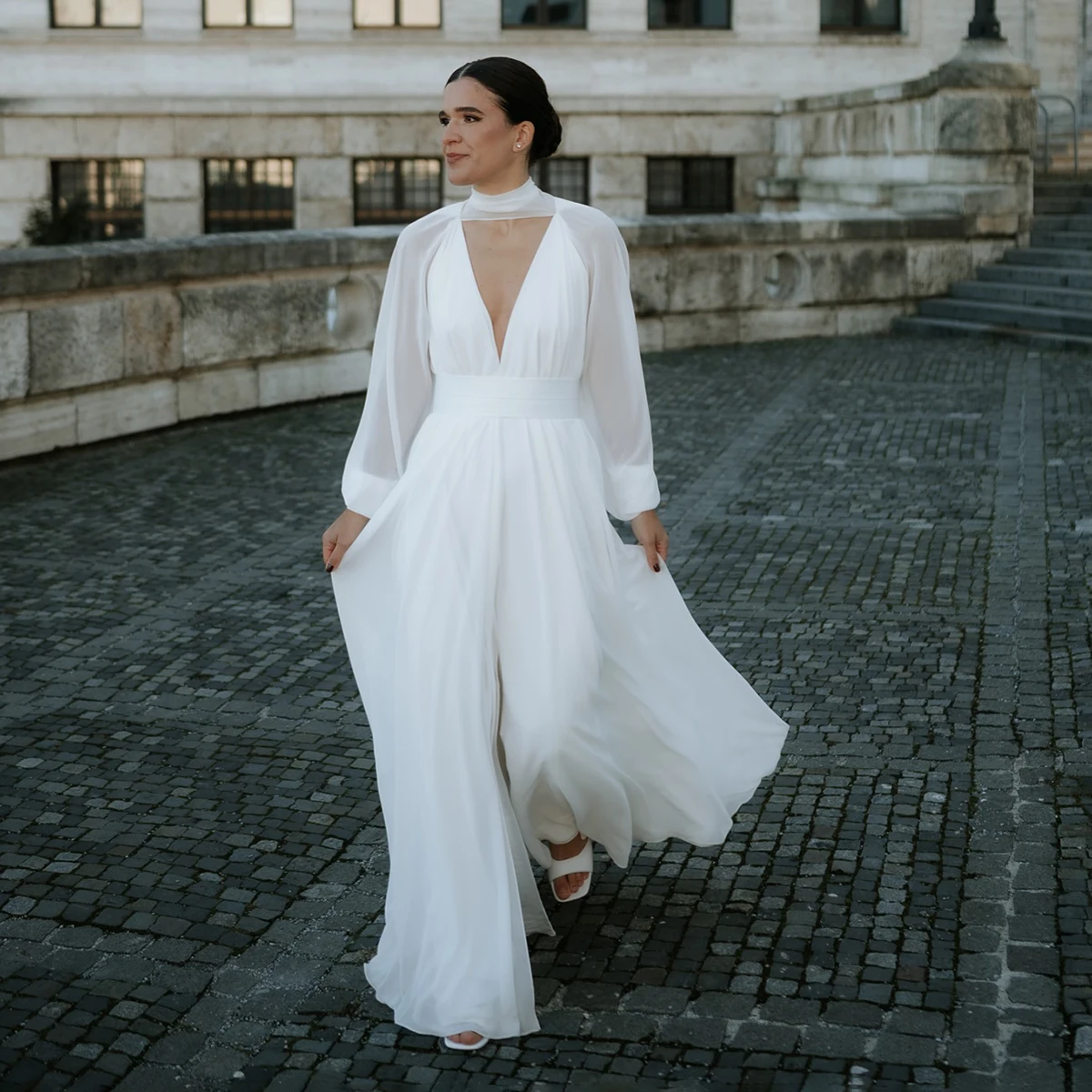 Detachable Bolero Long Bishop Sleeves V Neck Chiffon Bridal Gowns Customized Simple High Slit Open Back Wedding Ceremony Dress