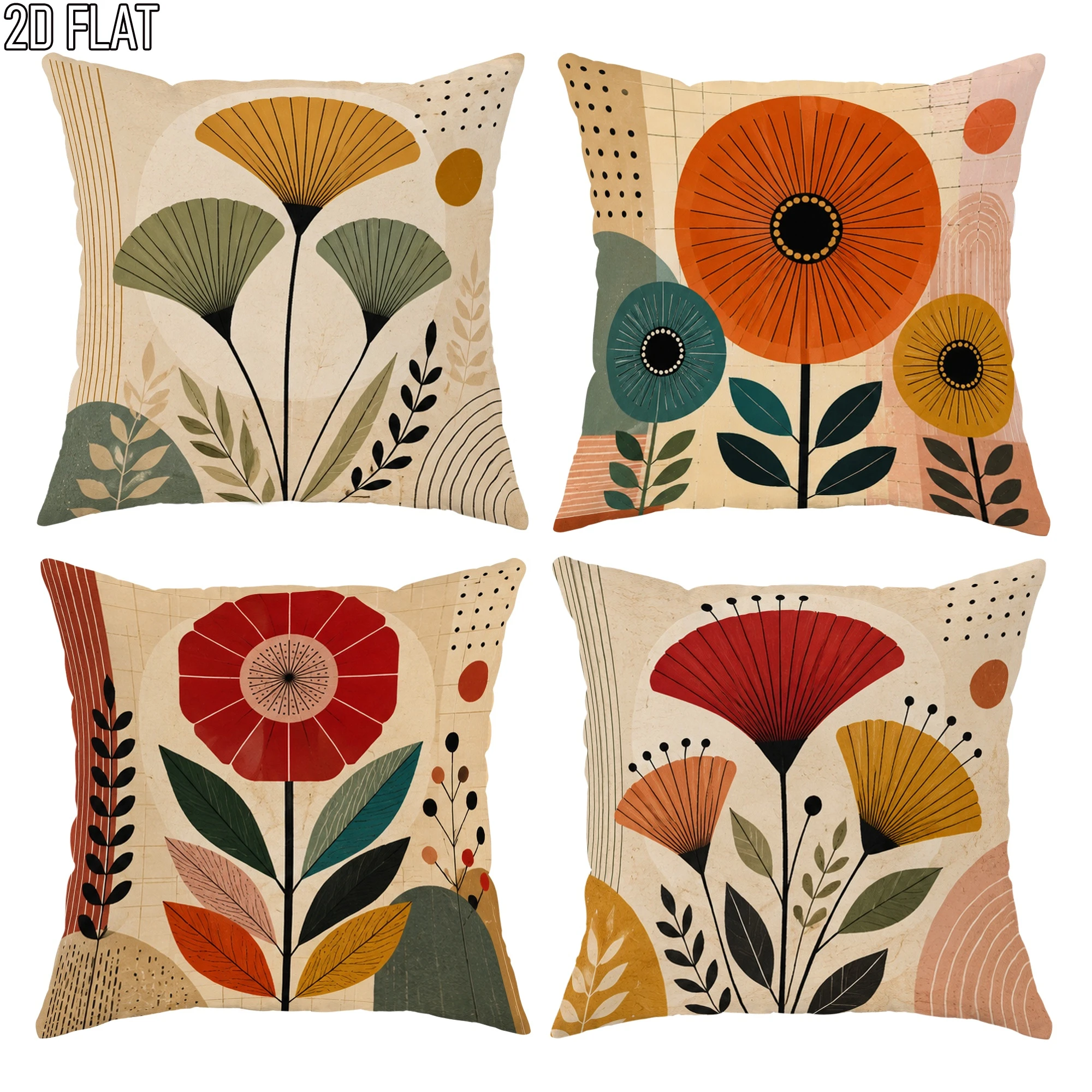 4pc Set of 4 Boho Floral Throw Pillow Covers Mid Century Modern Decorative Cushion Cases for Sofa Bedroom Living Room