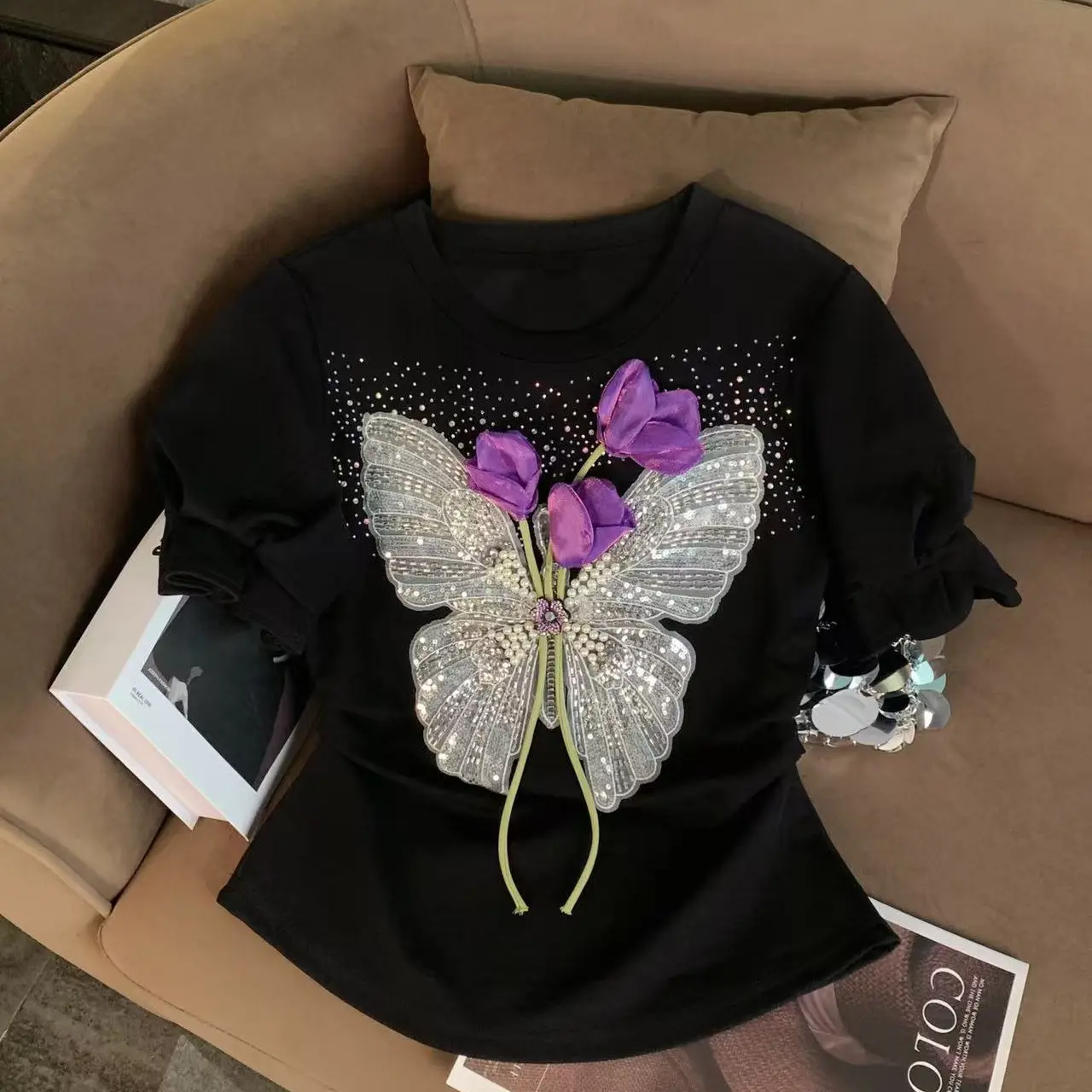 

2025 New Summer Versatile Top, Women's Peony Bright Diamond Butterfly Short Sleeve Slim Temperament T-Shirt, Slim Black Tee