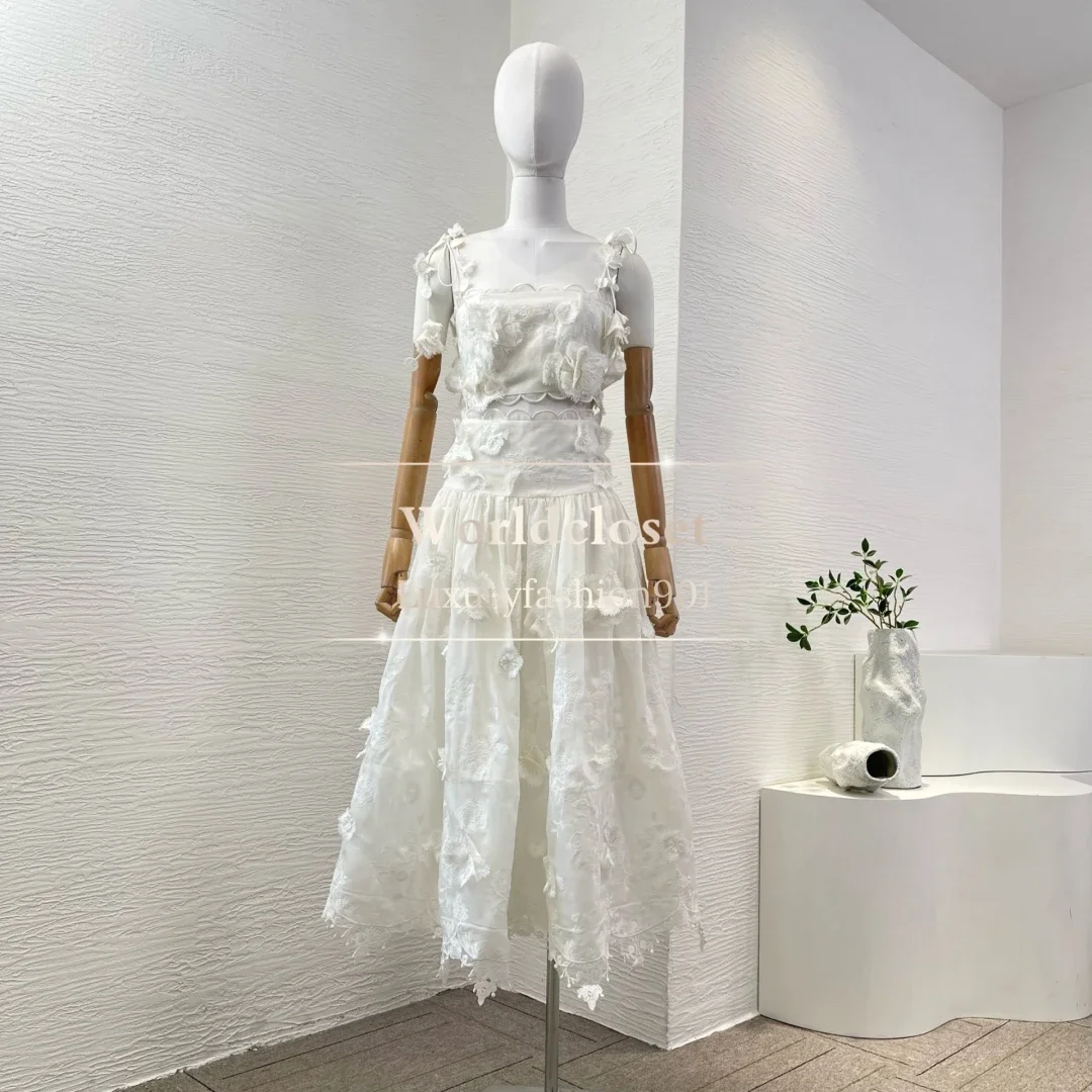 

Top Quality 2025 Silk Linen White White Lace Patchwork Short Sleeve Blouse Tops and Pleat Ruched Skirt Set for Women