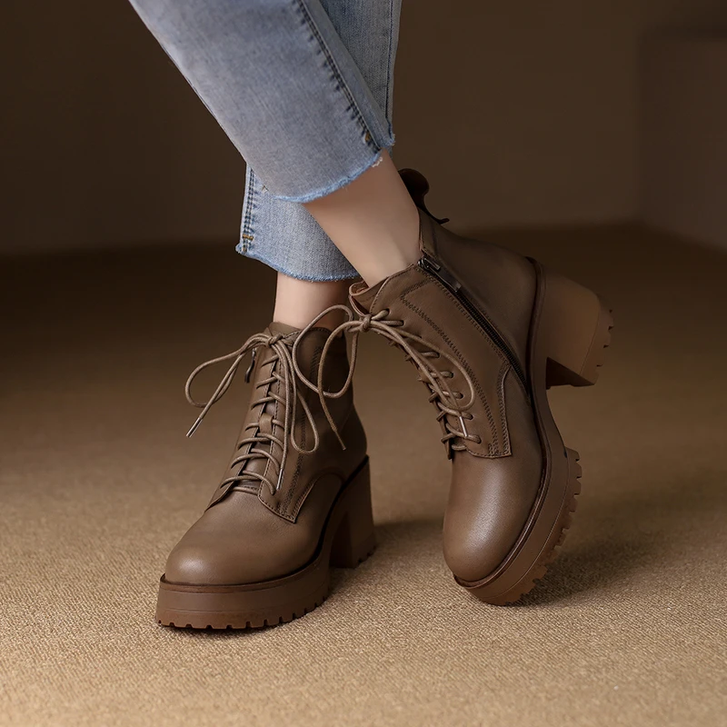 2024 Autumn/Winter Women Boots Women Shoes Round Toe Thick Heel Women Modern Boots Heels Platform Boots Genuine Leather Retro