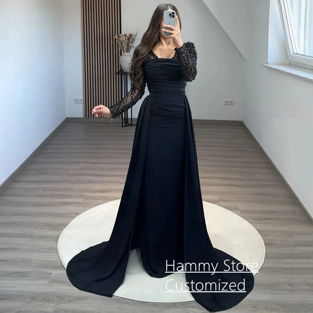 Navy Evening Dress for Woman Customized Long Sleeves Beading Sequined Straight Prom Gown with Train Party Robe De Soiree image 4