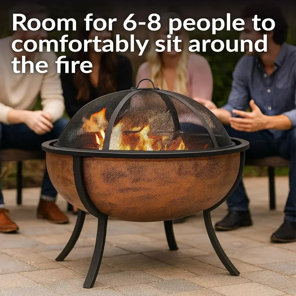 32-Inch Outdoor Copper Fire Pit Bowl with Spark Screen, Wood Grate, and Poker