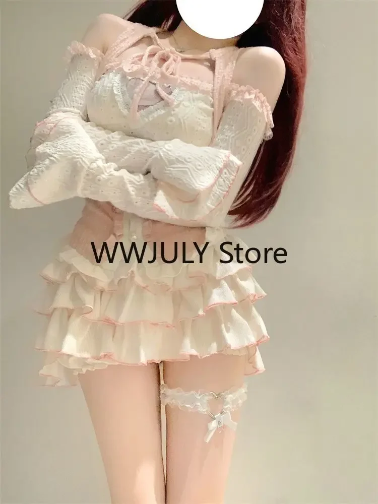 Autumn Kawaii Sweet 3 Piece Set Skirt Girls Casual Crop Tops + Fashion Slim Cake Skirt + Pink Vest Japanese Lace Suit 2023 New