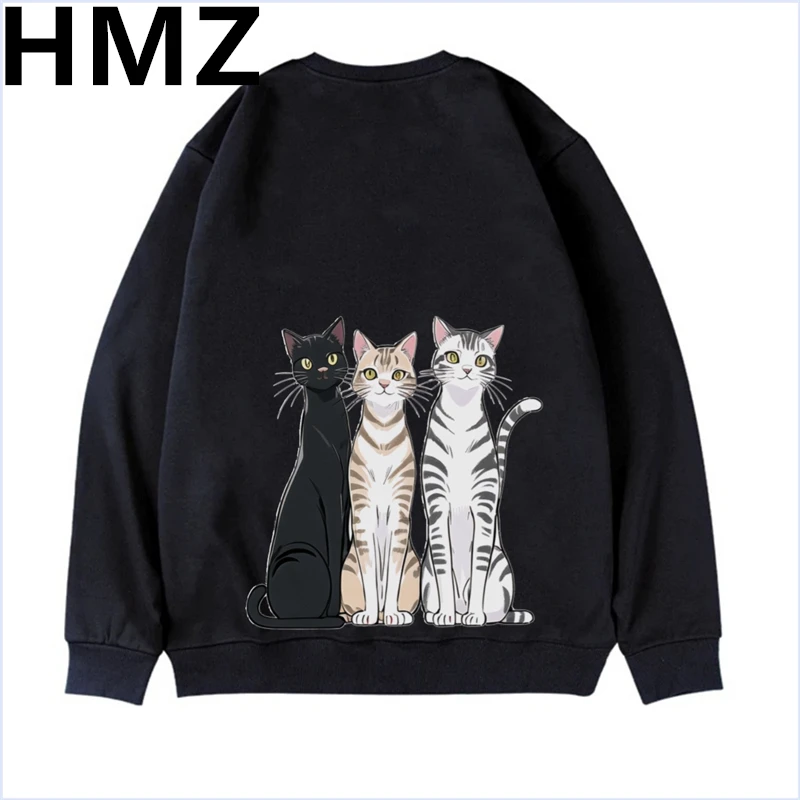 HMZ Mens Casual Cartoon Cat Print Sweatshirts Hoodie Men O-Neck Fashion Harajuku Style Male High Street Cotton Sweatshirt Men