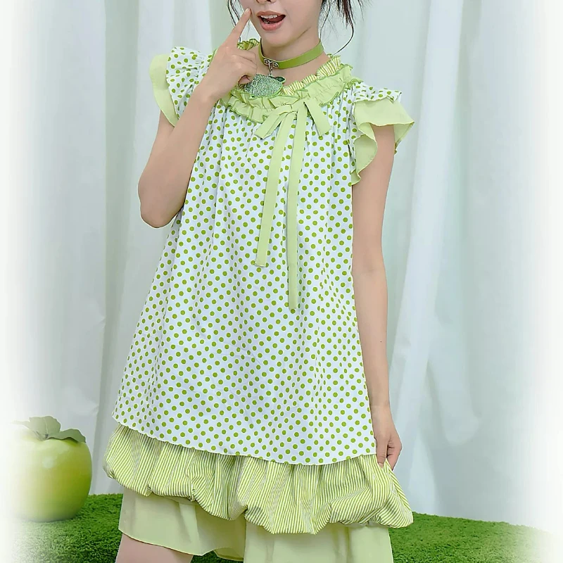 Original Sweet Design Green Polka Dot Women's Dress 2026 Summer Cute Flying Sleeves Ruffle Leaf Edge Girl Cake Dresses Ladies