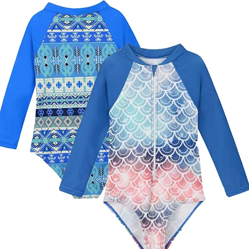 Children's Swimsuits Girls Long Sleeves Fish Scale One-piece Swimwear Kids Fashion Bathing Suit Quick Dry Surfing Beachwear 2-8Y