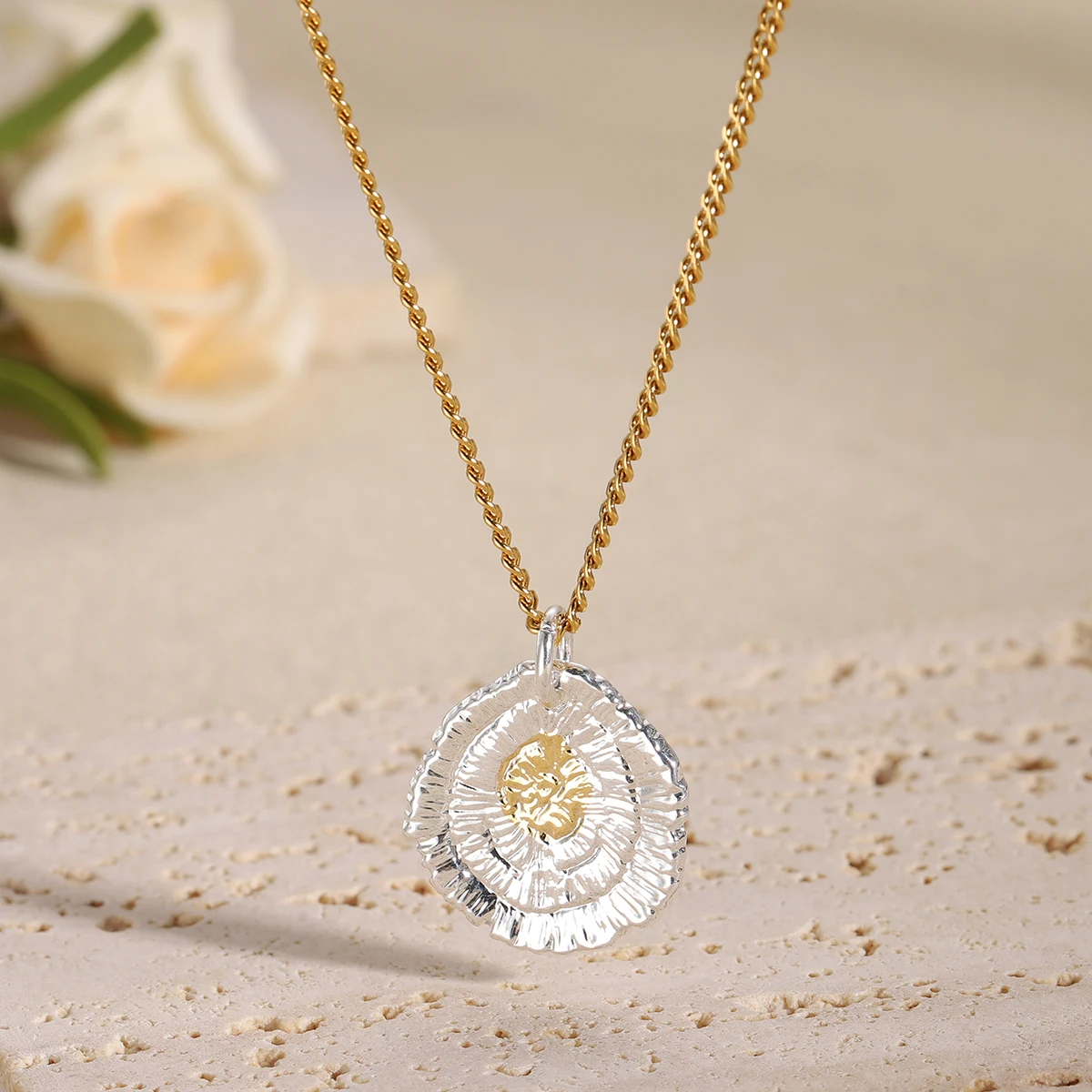 Two Tone Mixed Metal Pleated Ruffled Disc Pendant Necklace for Women Gold Curb Chain Textured Organic Wave Choker