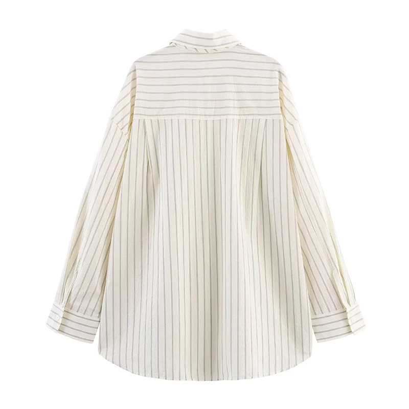 보이프렌드 스타일 긴팔 스트라이프 셔츠 여성 한국식 턴다운 칼라 루즈 블라우스 여성 싱글 브레스티드 타이 디자인 셔츠