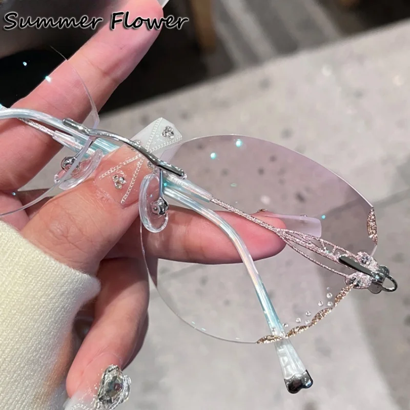

Women Rimless Eyeglass Butterfly Titanium Blue Colo Lenses Elegant Prescription Glasses Lady Diamonds Glasses Transparent Glass