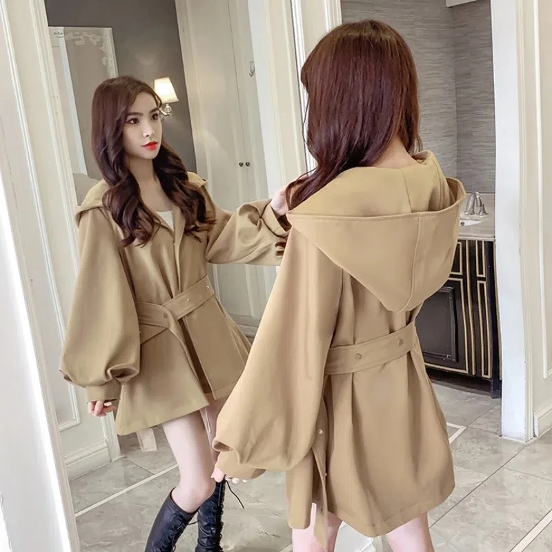 Trench coat feminino 2025 primavera outono moda all-match hepburn blusão jaqueta feminina com capuz cintura lanterna manga outerwear