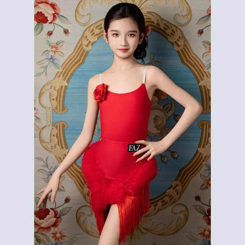 

2026 Girls Latin Dance Practice Strape Bodysuit with Chiffon Tassel Skirts Rumba Competition Standard Ballroom Dancewear Costume