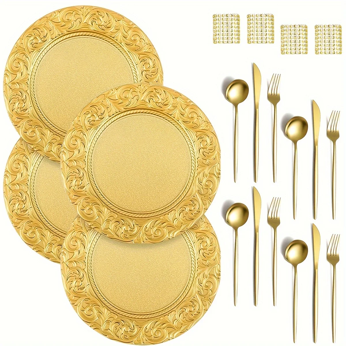 

10/20pcs Plastic Gold Charger Plates Round Patterned Placemat Dinner Serving Tray Wedding Christmas Decor Table Place Setting