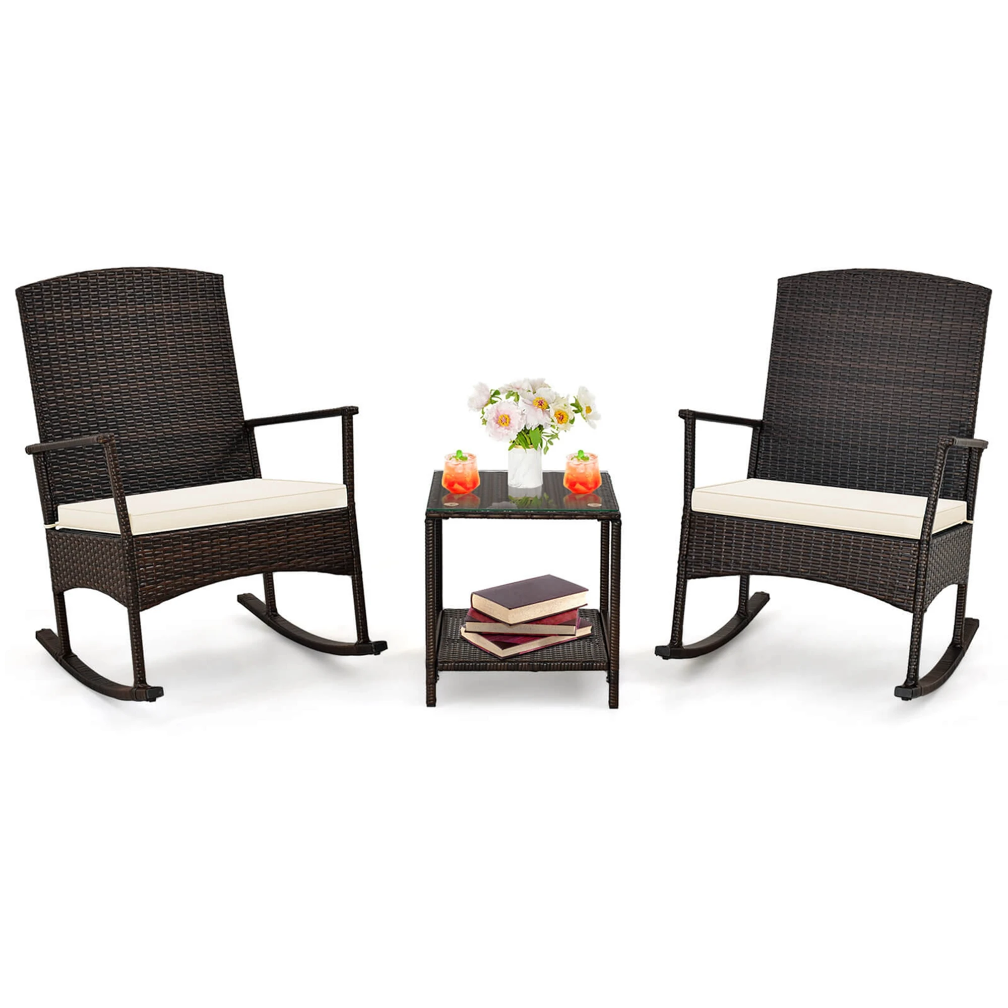 Pátio Wicker Cadeiras de balanço Set, Mesa de café 2 camadas, Off White, 3 pcs